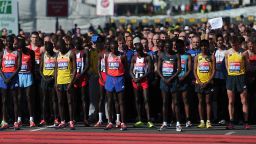 Runners in the men's elite race of the 2013 Virgin London Marathon observe 30 seconds of silence in honor of the victims of the Boston Marathon bombings before the start of the race in London on Sunday, April 21. People worldwide expressed their condolences after at least three people were killed and scores wounded in two explosions Monday near the finish line of the Boston Marathon. See all photography related to the Boston bombings.