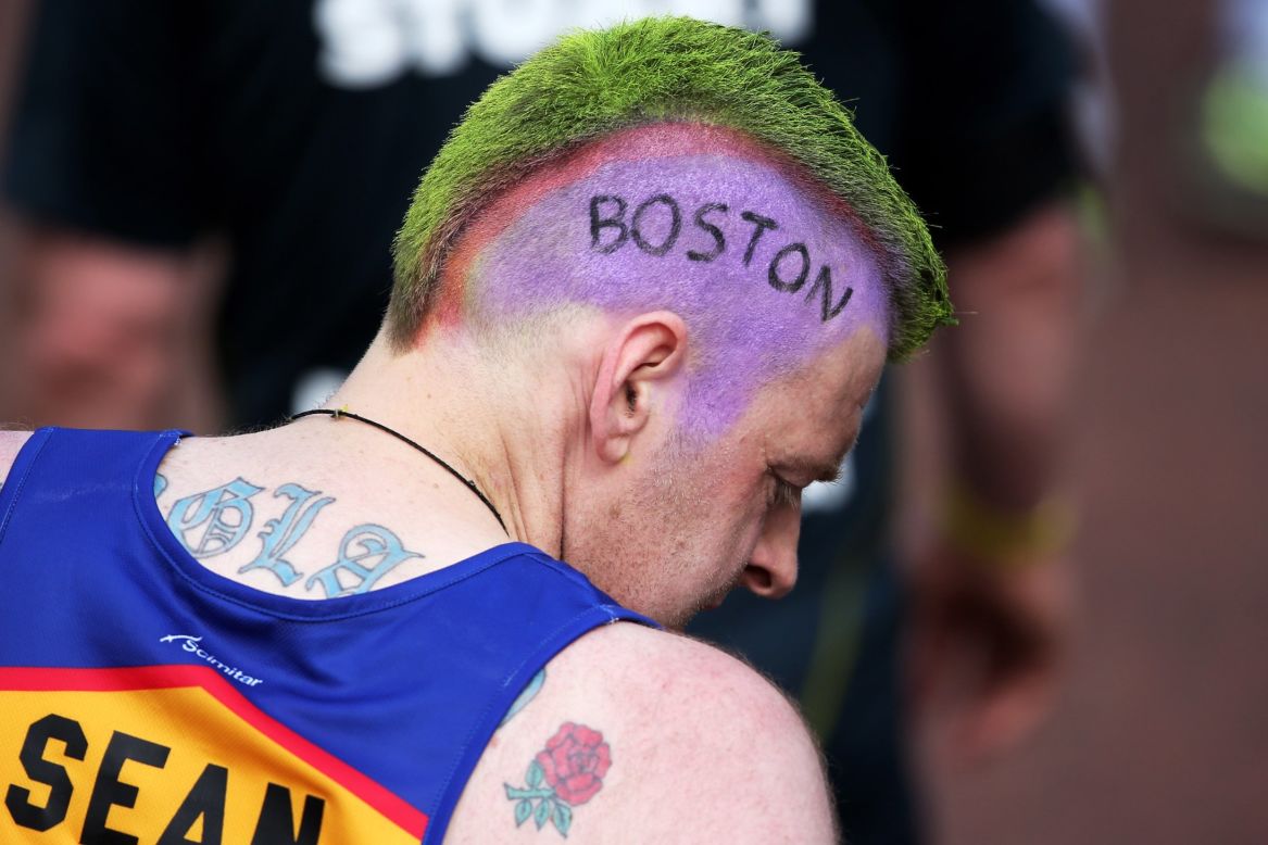 A competitor at the London Marathon inscribed the word "Boston" into his hair at the London Marathon on April 21.