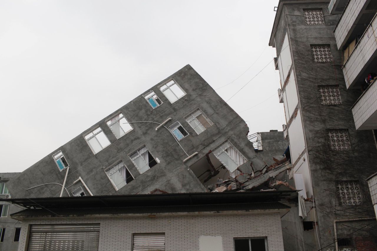 A building in Ya'an is lopsided on Sunday.