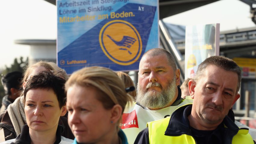Striking Lufthansa employees gather at Tegel Airport during a nationwide strike by Lufthansa ground, service and maintenance personnel on April 22, 2013 in Berlin.