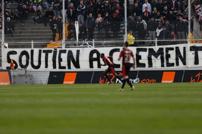 Valentin Eysseric, who plays for French club Nice, was hit with an 11-match suspension following last month's match against Saint Etienne. The midfielder broke Jeremy Clement's leg and shattered several ankle ligaments following a shin-high tackle. Saint Etienne's fans have since displayed a banner saying "Support Clement" during their matches.