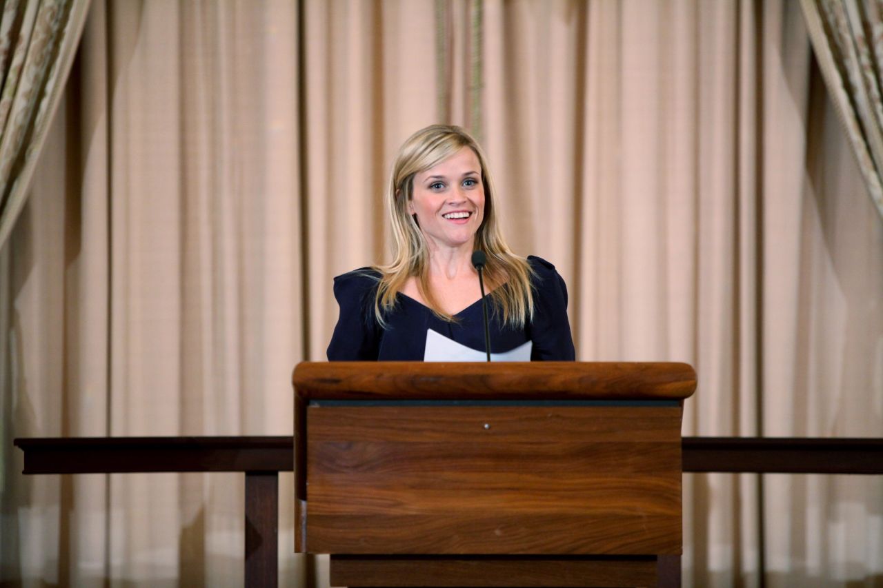  Here, Witherspoon addresses a meeting to launch the Global Partnership to End Violence Against Women in Washington in 2010. But in 2011 <a href="http://www.marieclaire.com/celebrity-lifestyle/celebrities/reese-witherspoon-interview" target="_blank" target="_blank">she told Marie Claire</a>, "I'm scared to speak in public. I'm really nervous about it. It's weird, because on a movie set, I'm fine. But I get really nervous in front of crowds." 