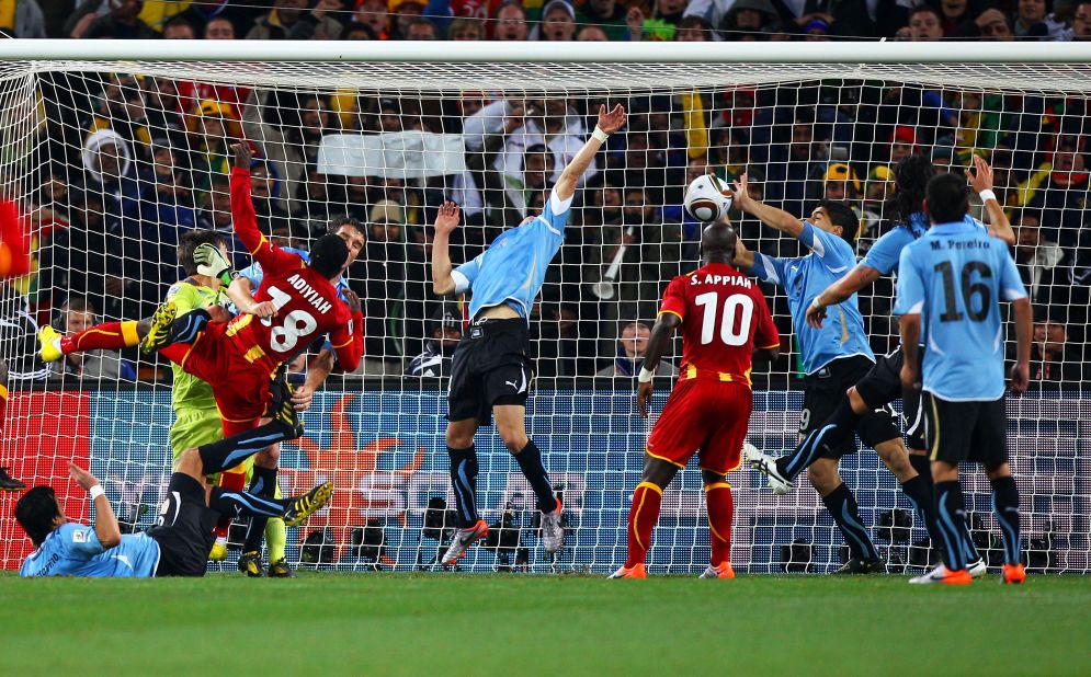 Suarez's reputation as a pantomime villain dates back to the 2010 World Cup in South Africa. The striker used his hand to block a goal-bound shot in the last minute of extra-time in a quarterfinal tie between Uruguay and Ghana. Suarez was given a red card and Ghana were awarded a penalty. But Asamoah Gyan missed the spot kick and Uruguay won the resulting penalty shootout to reach the semifinals, breaking African hearts in the process. Suarez also has previous when it comes to biting opponents, after he bit PSV's Otman Bakkal while playing for Ajax in November 2010. He was given a seven-match ban.