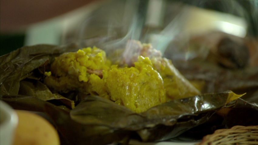 A tamale served at a restaurant in the La Calendaria section of Bogota, Colombia. From Episode 3 of Anthony Bourdain Parts Unkown