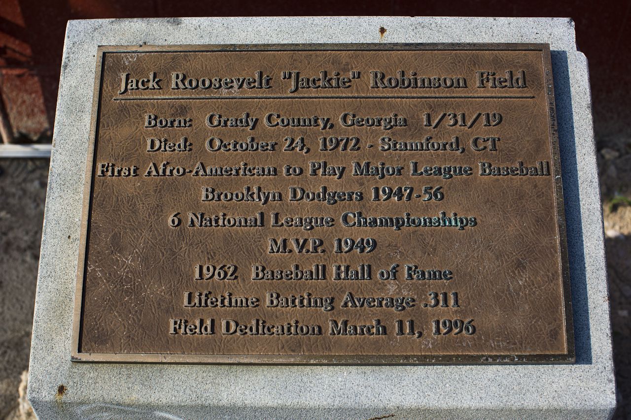 A small plaque marks Jackie Robinson Field at Cairo High School.