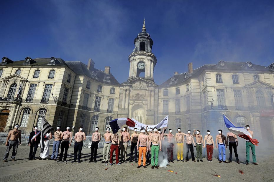 The group Hommen gathers in Rennes to protest the bill on Saturday.