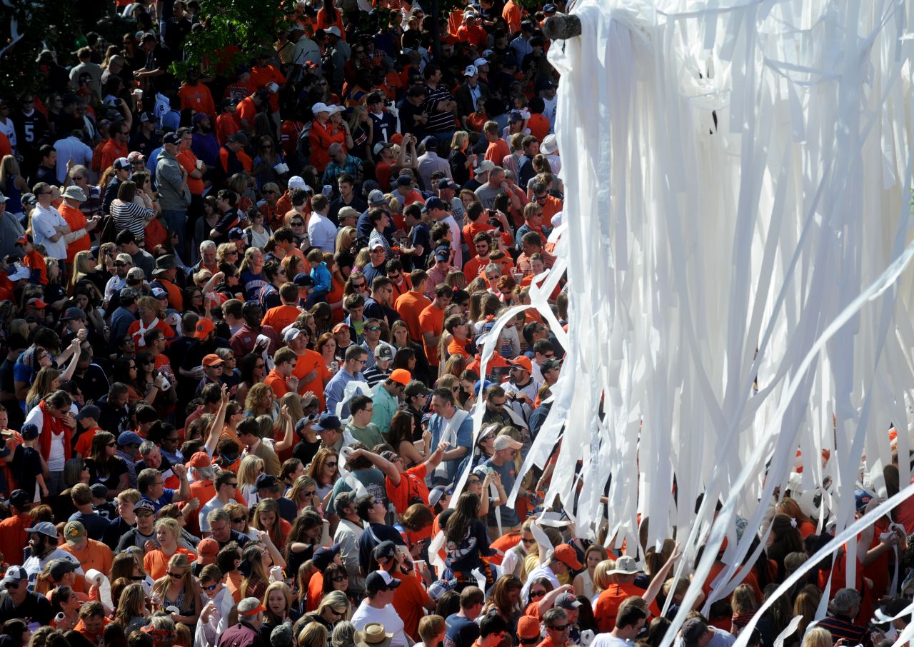 Toilet paper hangs over fans on Saturday.