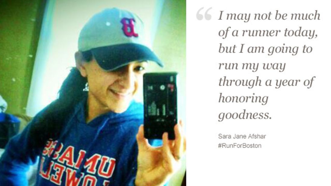 Sara Jane Afshar plans to run every day until the one-year anniversary of the Boston bombing, and she's <a href="http://sarajafshar.wordpress.com/" target="_blank" target="_blank">blogging about the process</a>.