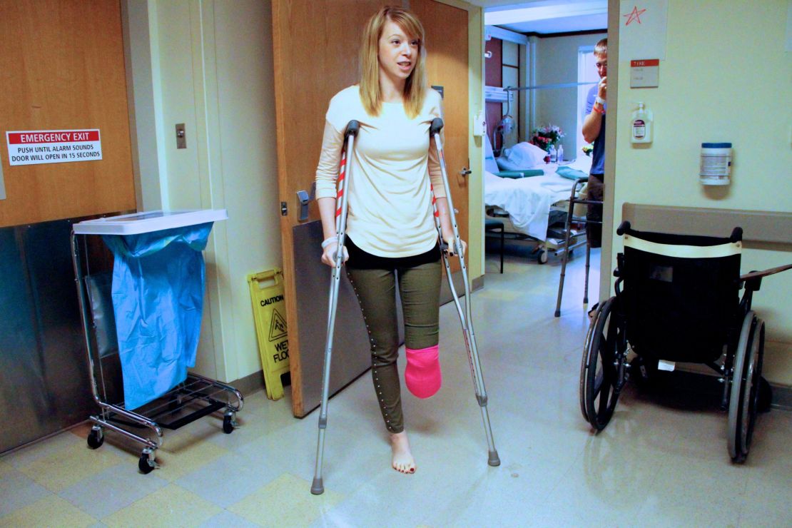 Adrianne Haslet-Davis plans to go from crutches to a prosthetic leg and back to the dance floor.