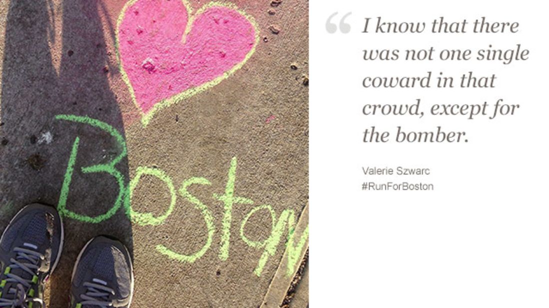 "I was left with a surprising anger" after the bombings, said Valerie Szwarc, 47. She wants to qualify for the Boston Marathon to show "good will always outweigh evil."