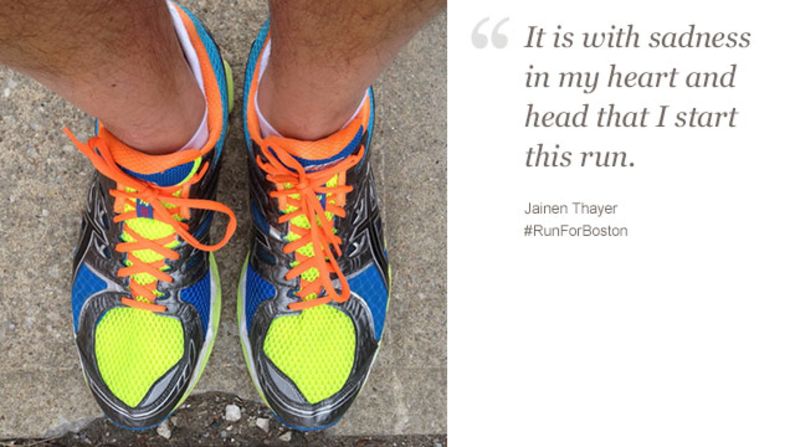 After watching the "completely unreal" events unfold in Boston, New York resident and Boston native Jainen Thayer decided to run "to begin to heal."