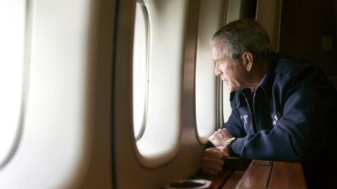 President George W. Bush surveys Katrina storm damage from Air Force One over New Orleans on August 31, 2005. The famous photo left many feeling Bush was detached from the suffering of people affected by the deadly hurricane.