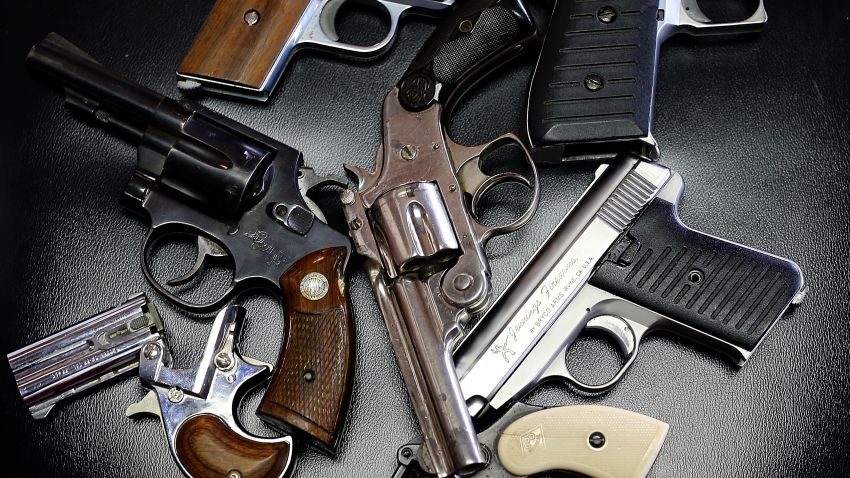 A detail view of pistols that were turned in during a gun buy back program at the First Presbyterian Church of Dallas on January 19, 2013 in Dallas, Texas.