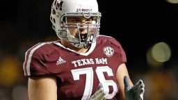 Luke Joeckel of Texas A&M prepares for a play against the Missouri Tigers on November 24, 2012, in College Station, Texas. Joeckel, an All-American offensive tackle, is expected to be selected early in the first round of the NFL draft on Thursday, April 25. Click through to see more first round hopefuls as predicted by NFL.com.