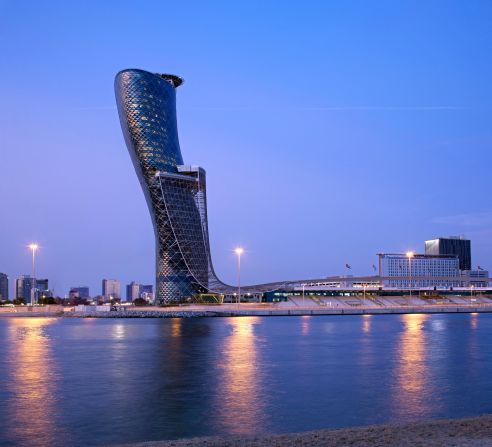 The 189-room Hyatt property occupies floors 18 through 33 of the Capital Gate skyscraper in Abu Dhabi. The building leans at an angle of 18 degrees.