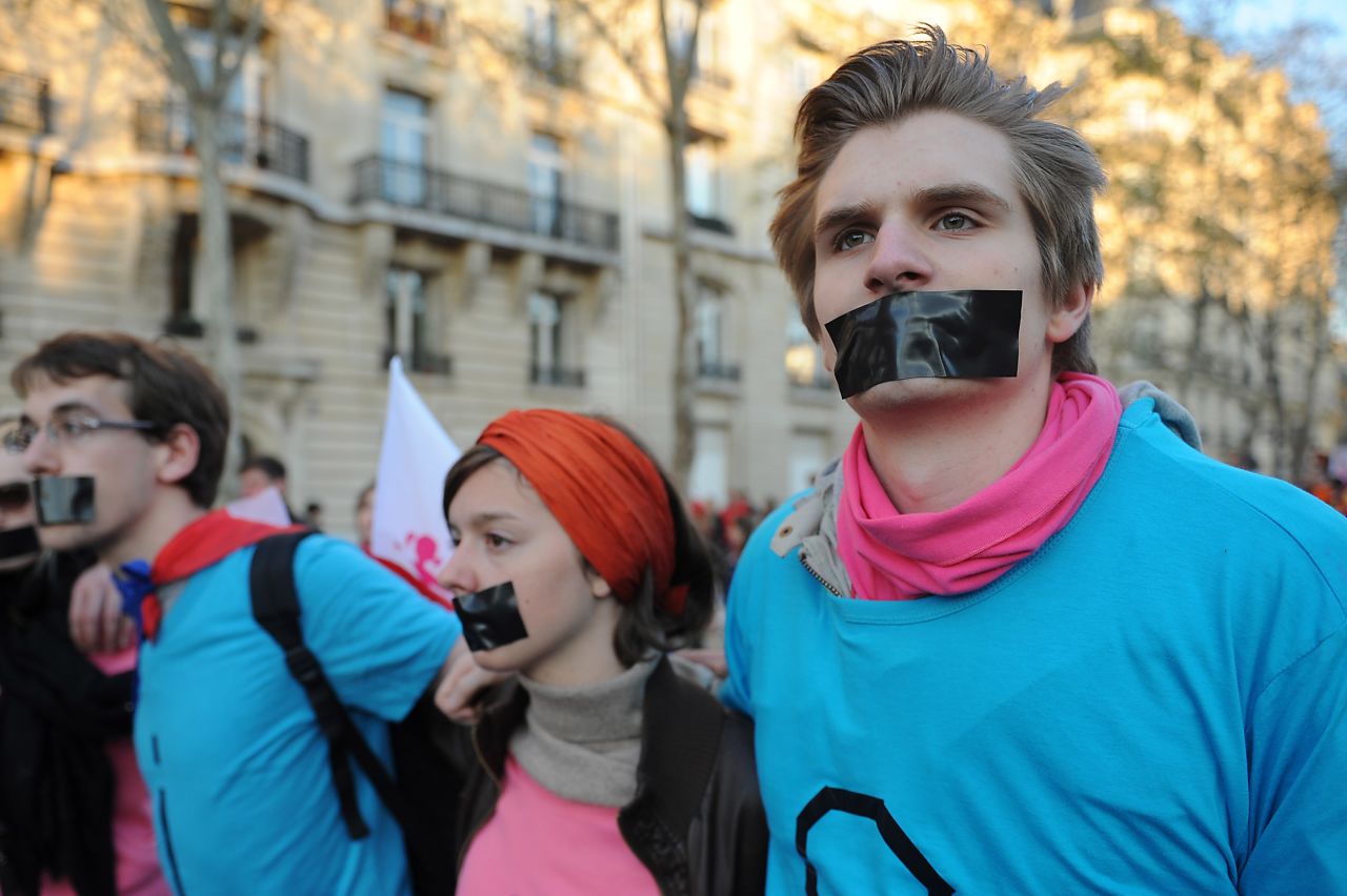 Opponents of same-sex marriage protest at the National Assembly in Paris on April 23.
