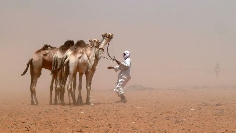 A camel herder guides his animals during a sandstorm on the edge of Khartoum, Sudan, on Saturday, April 20.