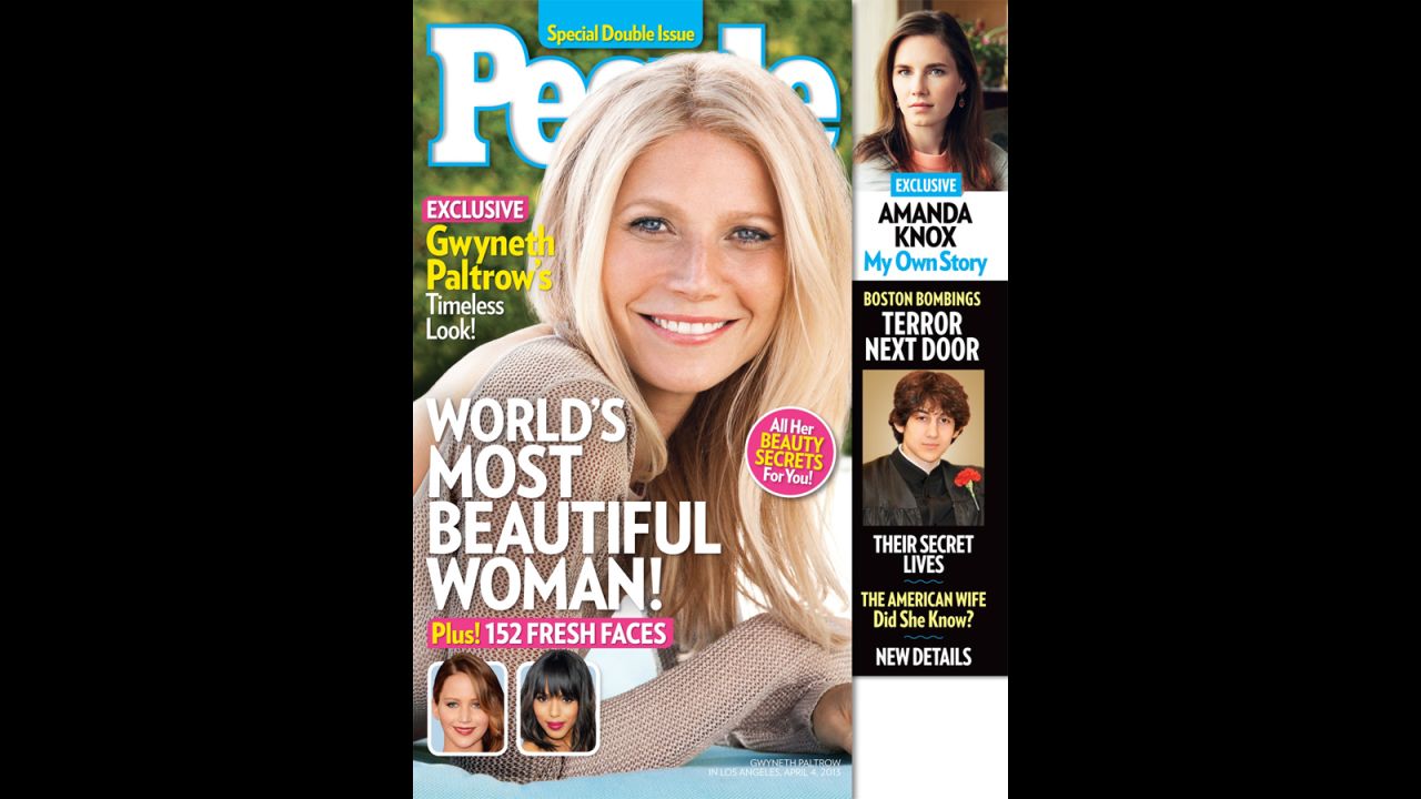Gwyneth Paltrow lands on the cover of People magazine, earning the title of World's Most Beautiful Woman. The actress tells the magazine that at first she thought someone was playing a joke on her.