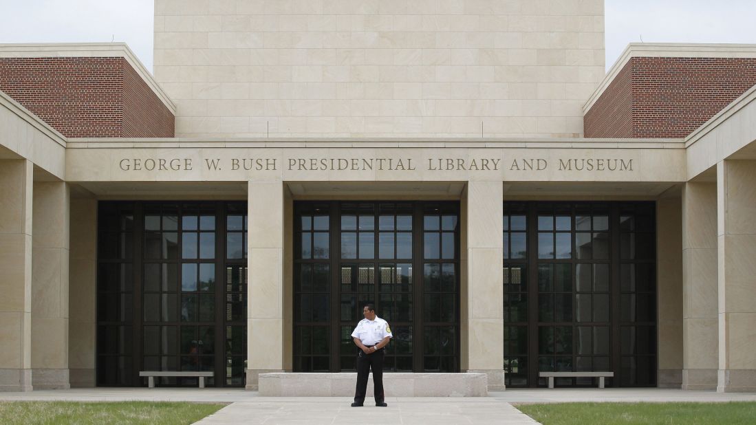 A security guard stands in front of the George W. Bush Presidential Library and Museum, part of the George W. Bush Presidential Center on the Southern Methodist University campus in Dallas, on Tuesday, April 16.