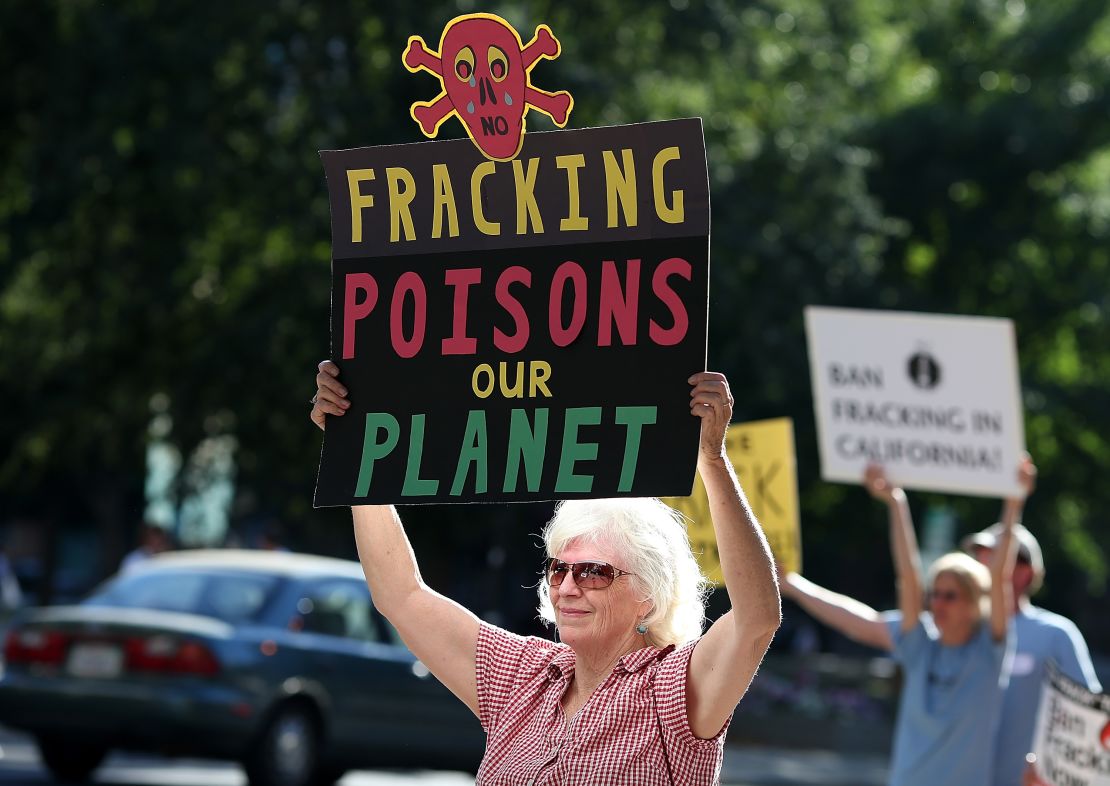 People protest fracking outside  the California Environmental Protection Agency in Sacramento last year.
