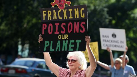 People protest fracking outside the California Environmental Protection Agency in Sacramento last year.