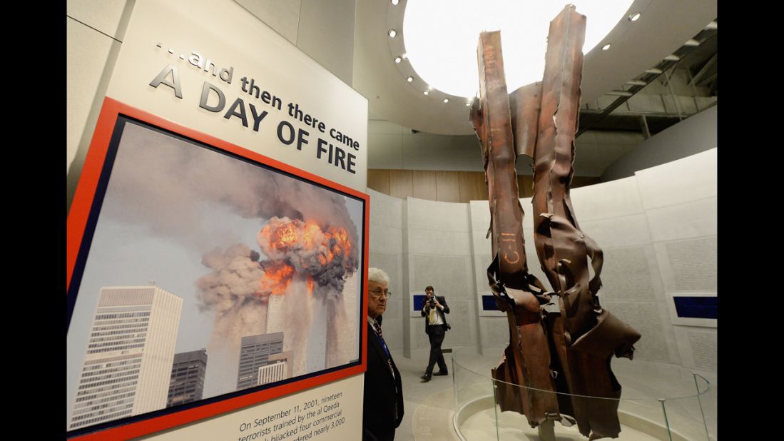 Steel beams from the World Trade Center are displayed in the September 11 portion of the George W. Bush Presidential Center on Wednesday, April 24.
