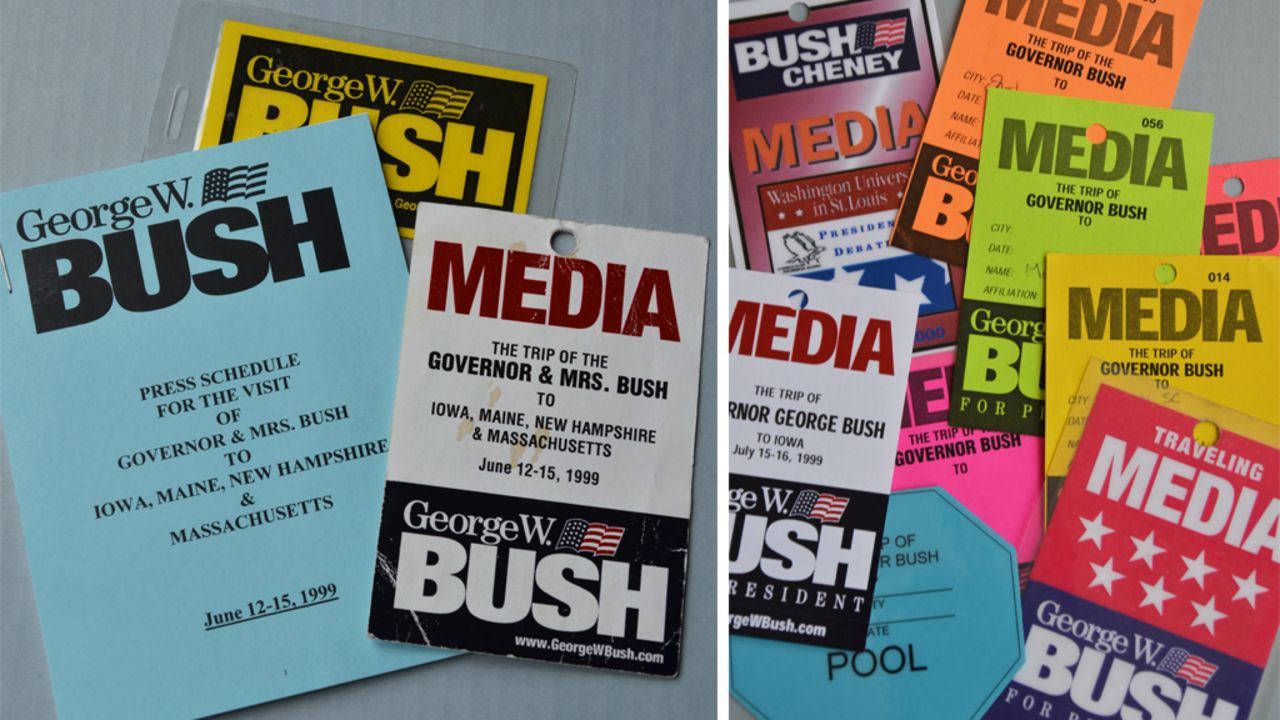 A press credential, luggage tag and schedule from that first trip. As the campaign went on there were more credentials -- a lot more.