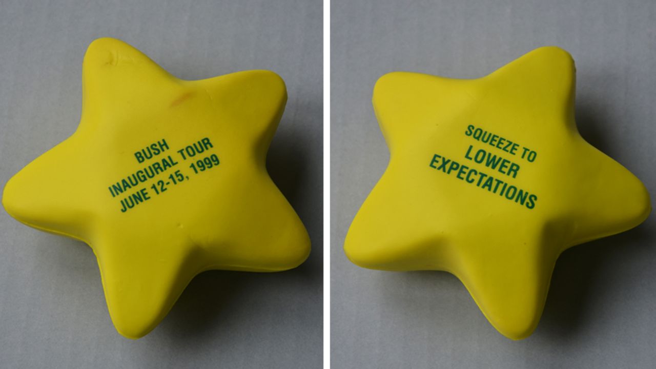 In "Decision Points," Bush wrote about the first flight, "I had christened our plane Great Expectations. Shortly after we lifted off, I grabbed the microphone and announced, 'This is your candidate. Please stow your expectations securely in the overhead bins, as they may shift during the trip and may fall and hurt someone -- especially me.'    To drive the point home, soft Nerf-like stars were handed out.  