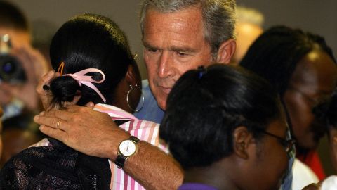 President Bush hugs a Hurricane Katrina survivor in September, 2005, at a shelter in Baton Rouge, Louisiana. 