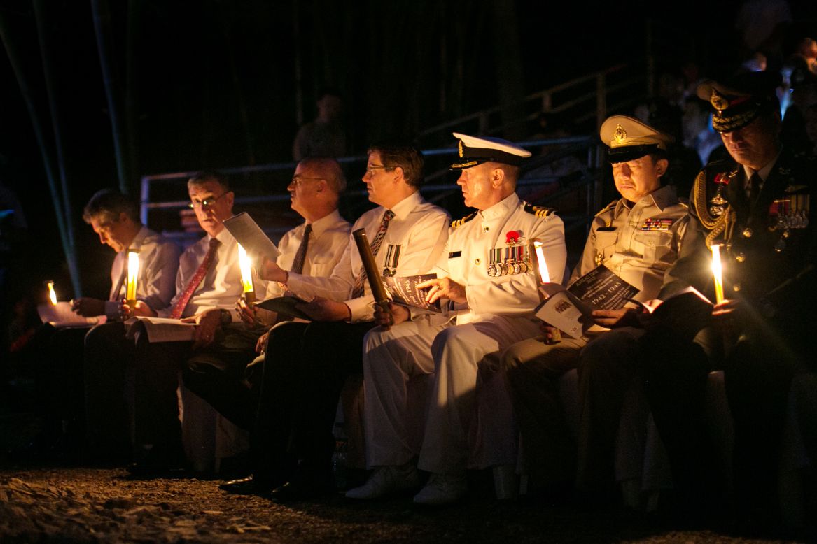 Australian and New Zealand dignitaries, including both countries' ambassadors to Thailand, attend a sunrise memorial service on Thursday in Hellfire Pass -- a small section of the Myanmar-Thailand railway that was built by POW's and Asian laborers under horrific conditions during WWII.