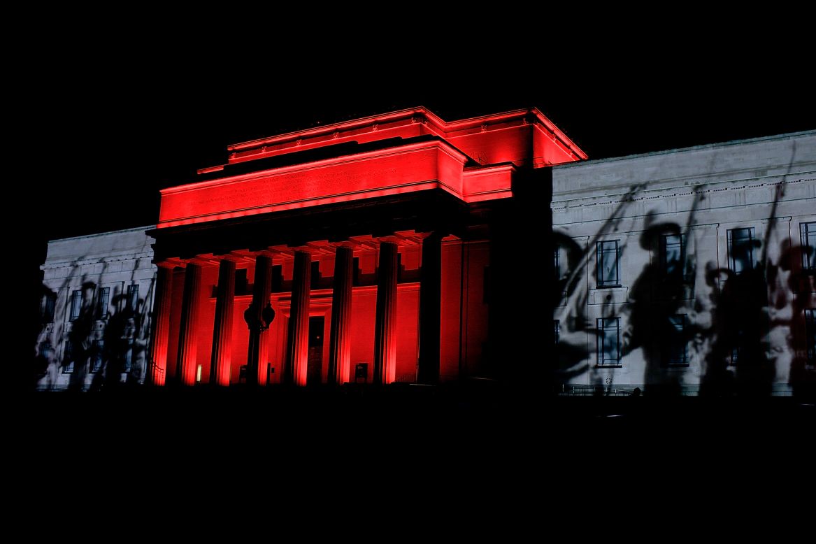 Archive footage is projected onto the walls of the Auckland Museum prior to ANZAC Day on Tuesday in Auckland, New Zealand. 