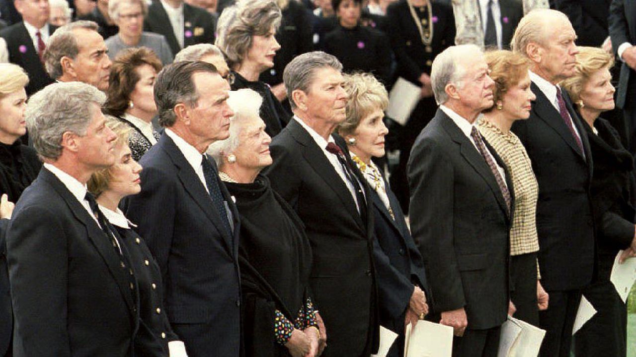 Bill Clinton, George H.W. Bush, Ronald Reagan, Jimmy Carter and Gerald Ford all attended the funeral of President Richard Nixon in Yorba Linda, California, on April 27, 1994.
