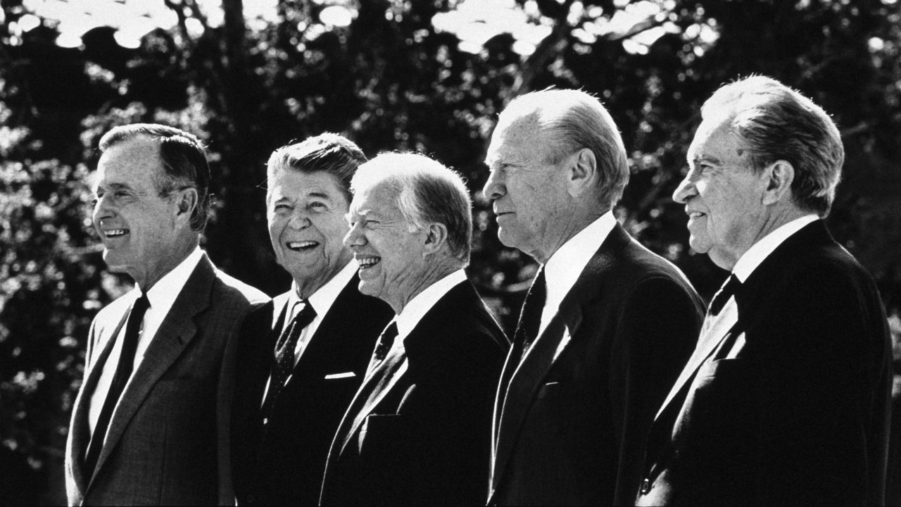 George H.W. Bush, Ronald Reagan, Jimmy Carter, Gerald Ford and Richard Nixon pose during the Ronald Reagan Library dedication on November 4, 1991, in Simi Valley, California.