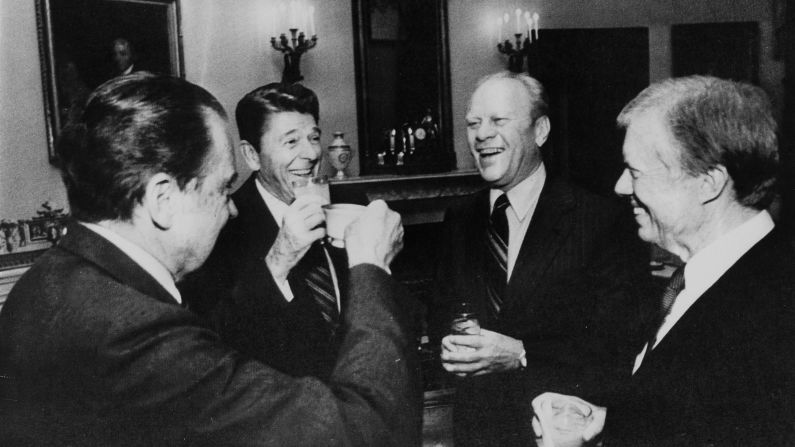 Richard Nixon, Ronald Reagan, Gerald Ford and Jimmy Carter share a light moment in 1981.