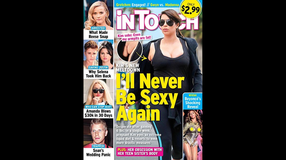 So, apparently In Touch Weekly is actually the Kim Kardashian Pregnancy Diary. For another week, the magazine is pointing out that yes, pregnant women do gain weight -- the sort of headlines <a href="http://www.hlntv.com/video/2013/04/24/sbt-kim-kardashian-trainer-tracy-anderson-pregnancy-weight" target="_blank" target="_blank">that have prompted her trainer, Tracy Anderson, to come to her defense</a>. 
