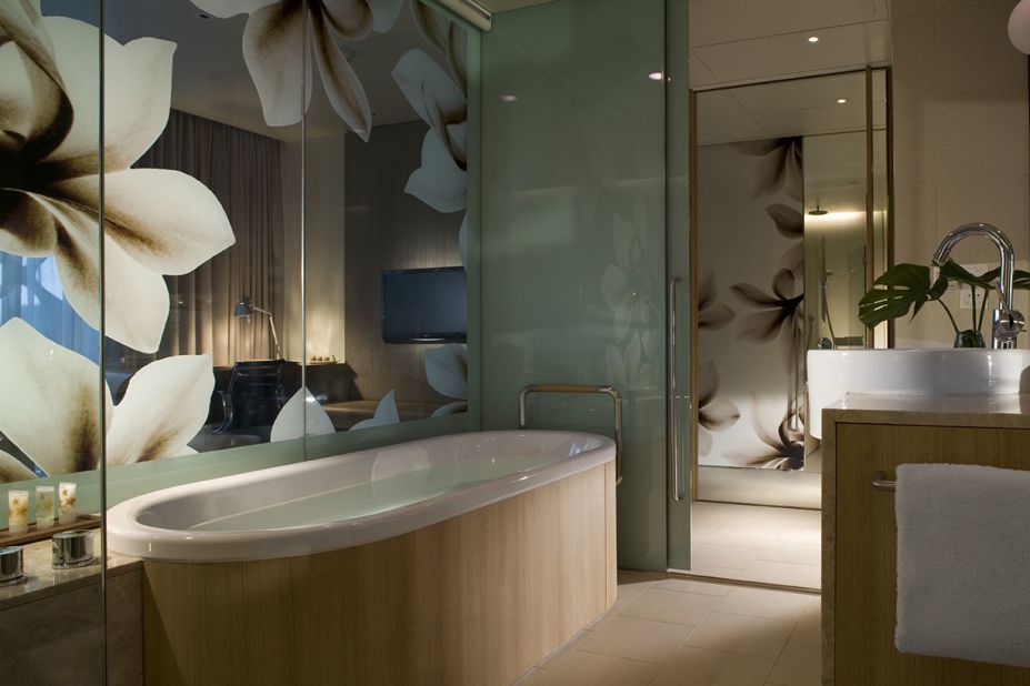 The Crowne Plaza Changi Airport in Singapore offers an outdoor pool, a gym and four spa treatment rooms, or weary travelers can stay in their own room for a soothing soak.