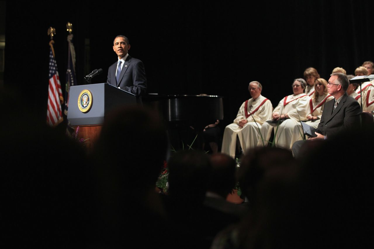 Obama speaks on the campus of Missouri Southern State University after a tornado ripped through Joplin, Missouri, in May 2011, killing 158 people.