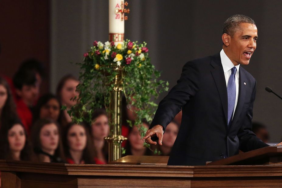 Obama speaks at the Cathedral of the Holy Cross following the Boston Marathon bombings that killed three people and injured at least 264 in April 2013. Suspect Tamerlan Tsarnaev was killed during an encounter with police, and his brother, Dzhokhar Tsarnaev, was sentenced to death.