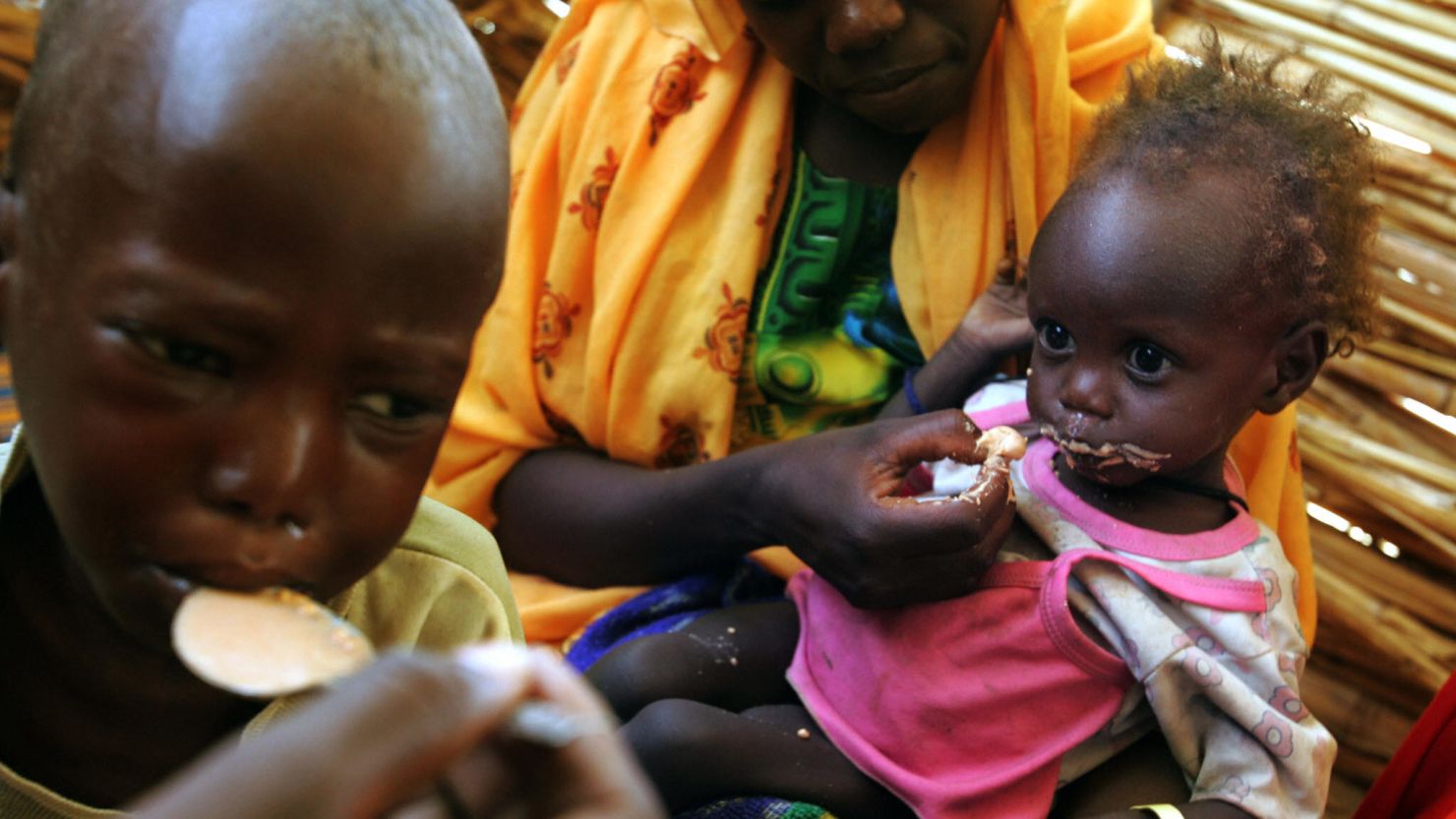 Malnourished Sudanese childre are fed at a camp for people displaced by the war in Darfur in June, 2004.