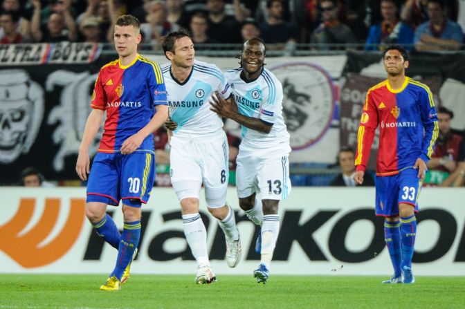 Victor Moses celebrates with Frank Lampard after scoring for Chelsea in their Europa League semifinal against FC Basel.