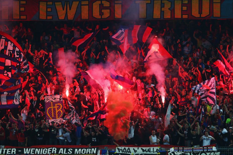 Fans let off flares during the UEFA Europa League semi-final first leg match on April 25 between FC Basel 1893 and Chelsea in Basel, Switzerland.