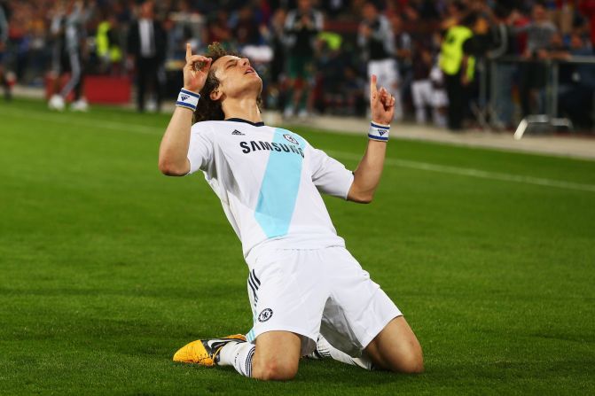 David Luiz celebrates his late winner for Chelsea in their Europa League semifinal against FC Basel.