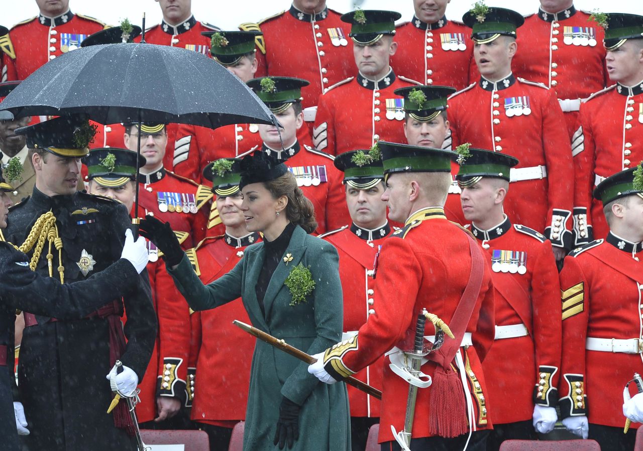 William and Catherine attend a St. Patrick's Day parade on March 17 in Aldershot, England.
