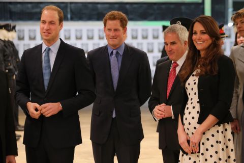 From left, Prince William, Duke of Cambridge, Prince Harry, and Catherine, Duchess of Cambridge, smile during the inauguration of Warner Bros. Studios Leavesden on Friday, April 26, in London. 