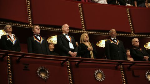 Twyla Tharp, left, Roger Daltrey, Pete Townshend, Barbra Streisand, Morgan Freeman and Jones stand as they are honored during the 2008 Kennedy Center Honors in Washington.