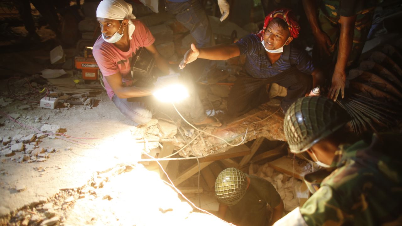 Rescue workers search the rubble for victims and survivors on April 26.
