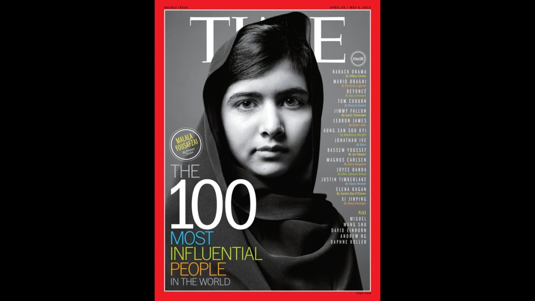 Malala was one of seven people featured on the cover of Time magazine's 100 most influential people edition in April 2013.