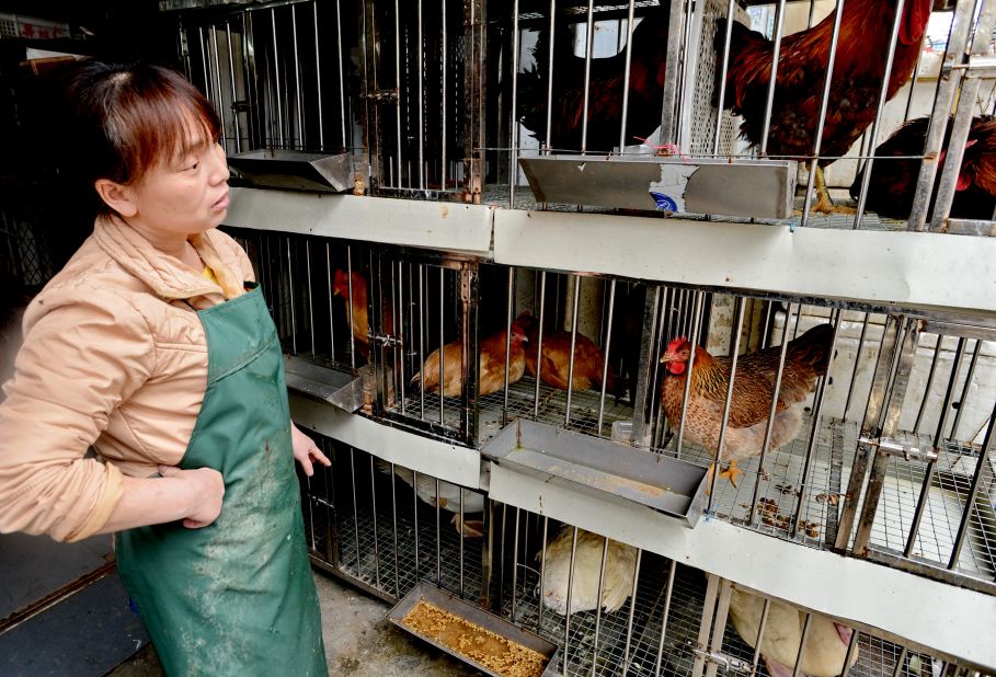 A vendor stands by her chicken coop in Fuqing, southeast China's Fujian Province on April 26.  At least 20 people have died from the virus which, while common in birds, hadn't been detected in humans before the first cases were reported in March.