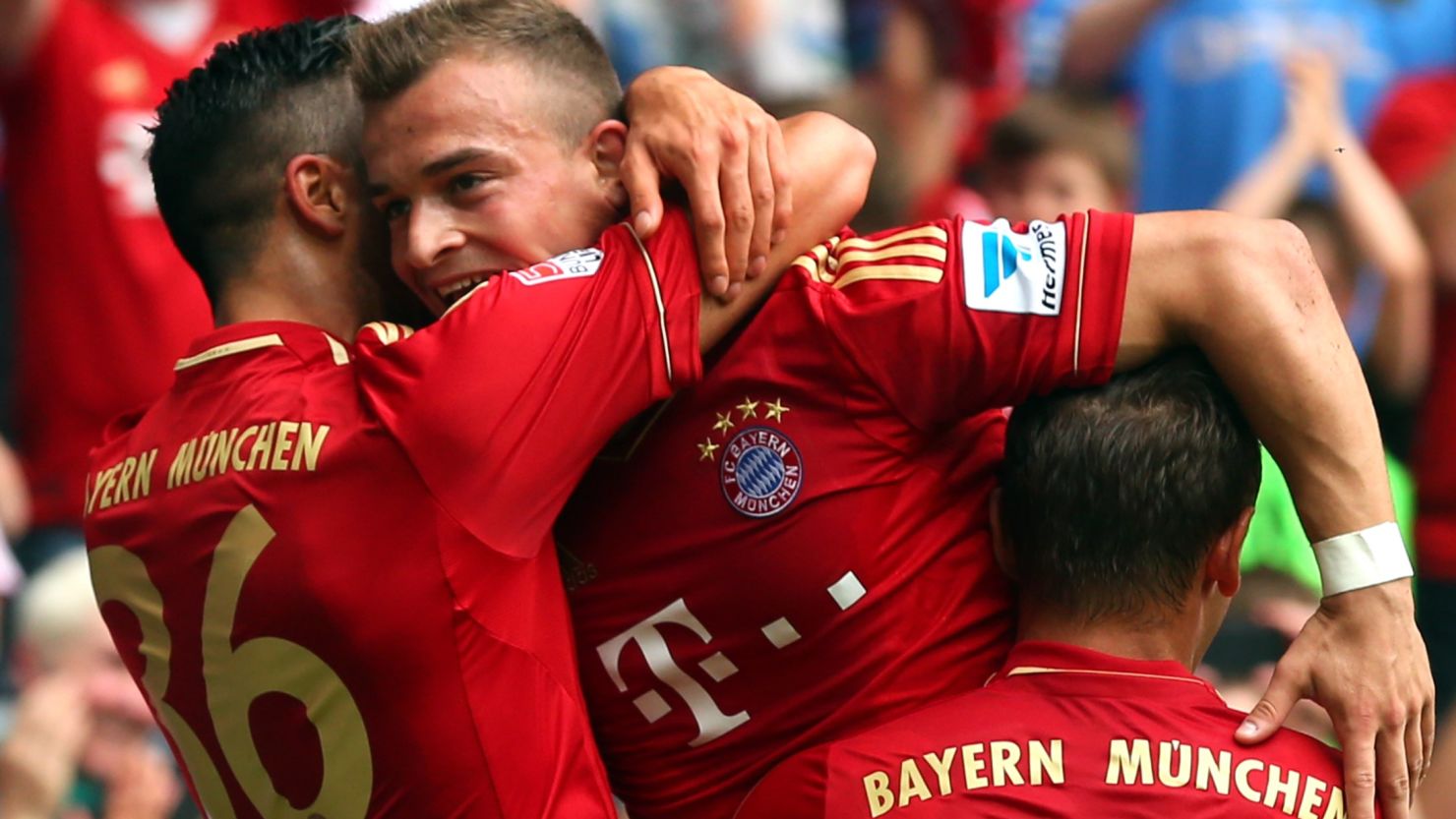 Xherdan Shaqiri (center) celebrates scoring Bayern Munich's winning goal against Freiburg at the Allianz Arena. 