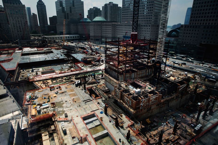 The superstructure of One World Trade Center is seen at ground zero on August 3, 2009.